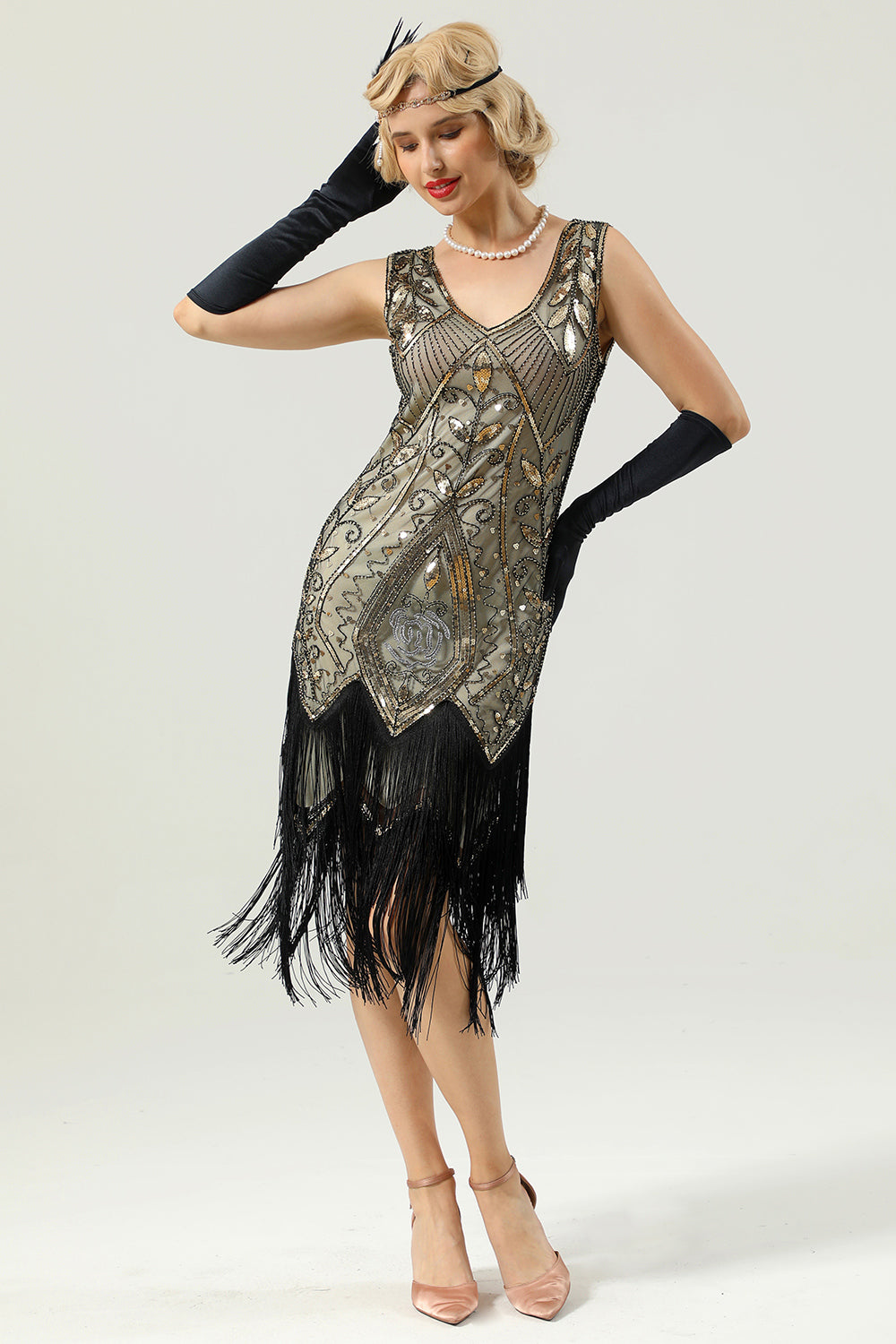 Elfenbein V-Ausschnitt Pailletten Franse Flapper Kleid