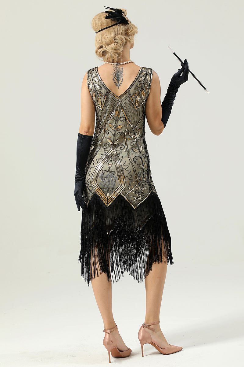 Laden Sie das Bild in den Galerie-Viewer, Elfenbein V-Ausschnitt Pailletten Franse Flapper Kleid