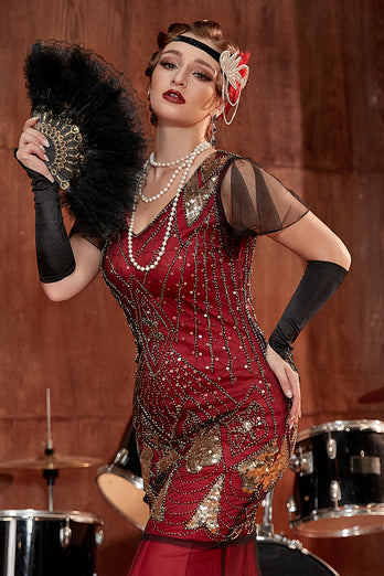Burgund lange 1920er Jahre Pailletten Flapper Formal Kleid
