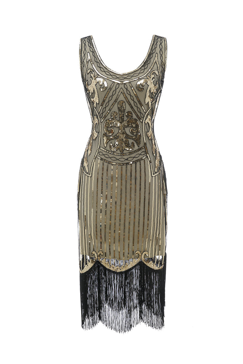 Laden Sie das Bild in den Galerie-Viewer, Golden V-Ausschnitt Fransen Paillettenkleid aus den 1920er Jahren