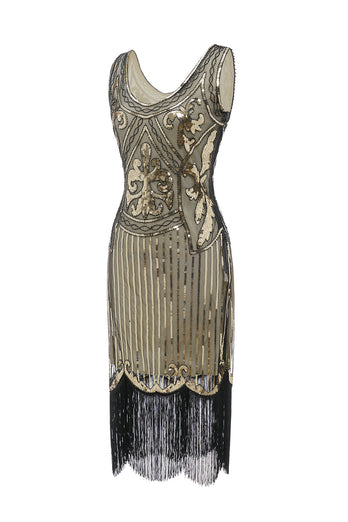 Golden V-Ausschnitt Fransen Paillettenkleid aus den 1920er Jahren