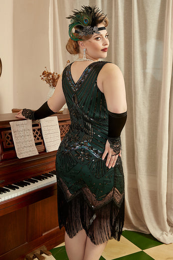 Pailletten dunkelgrün Übergröße 1920er Jahre Flapper Kleid