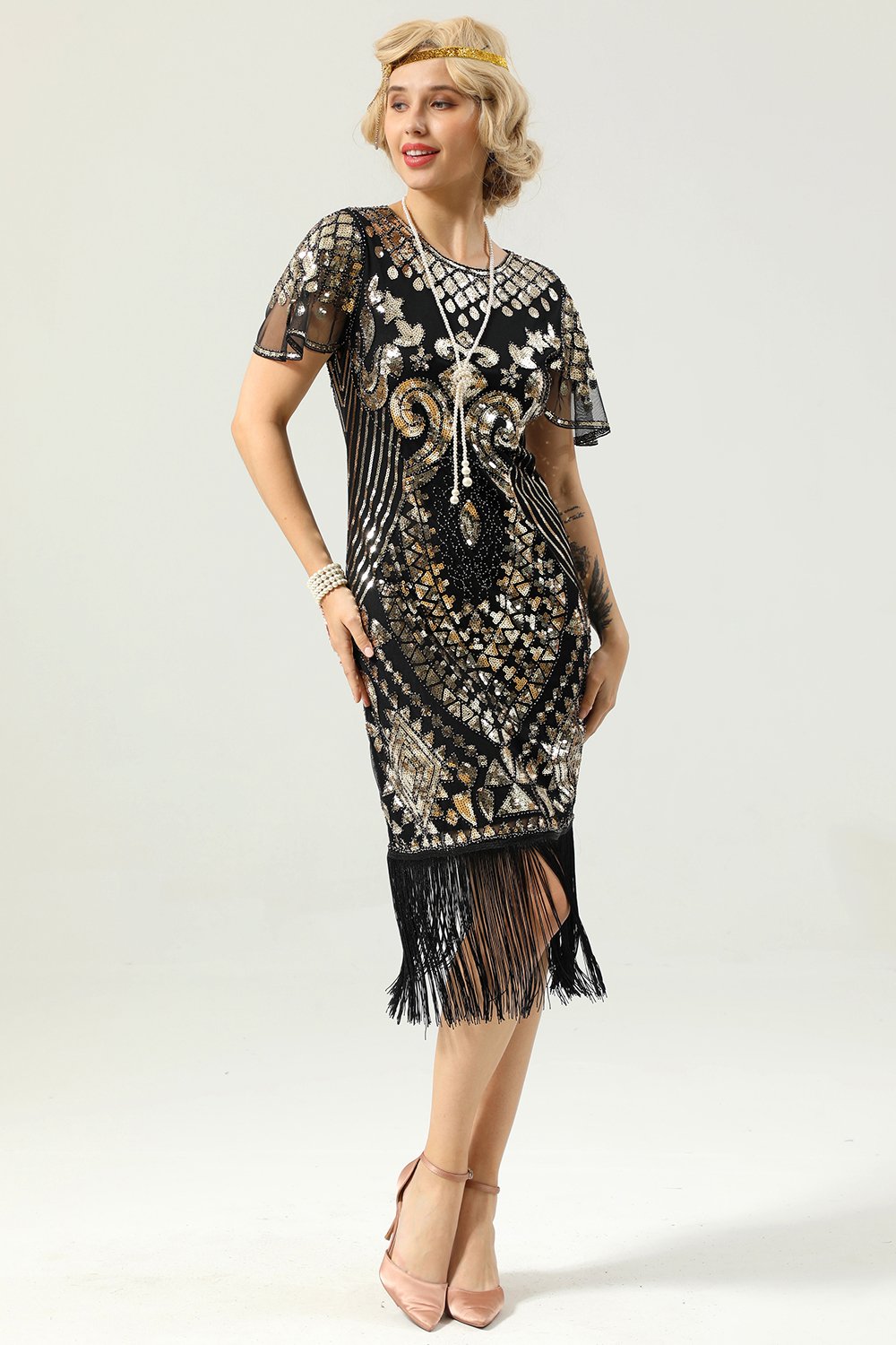 Schwarz und Gold Pailletten 20er Kleid mit Batwing Ärmeln