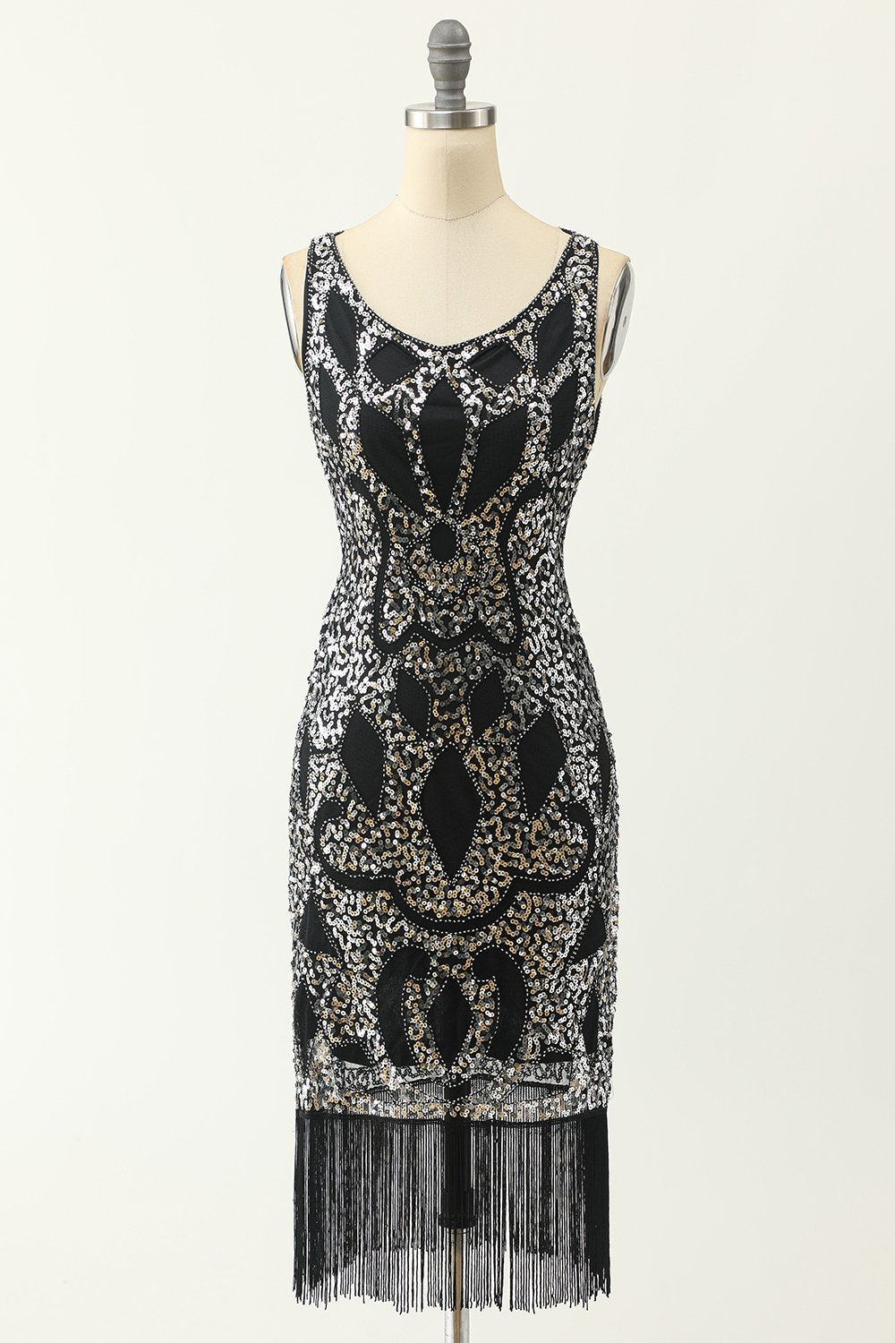 U-Ausschnitt Schwarz Silber 1920er Jahre Kleid