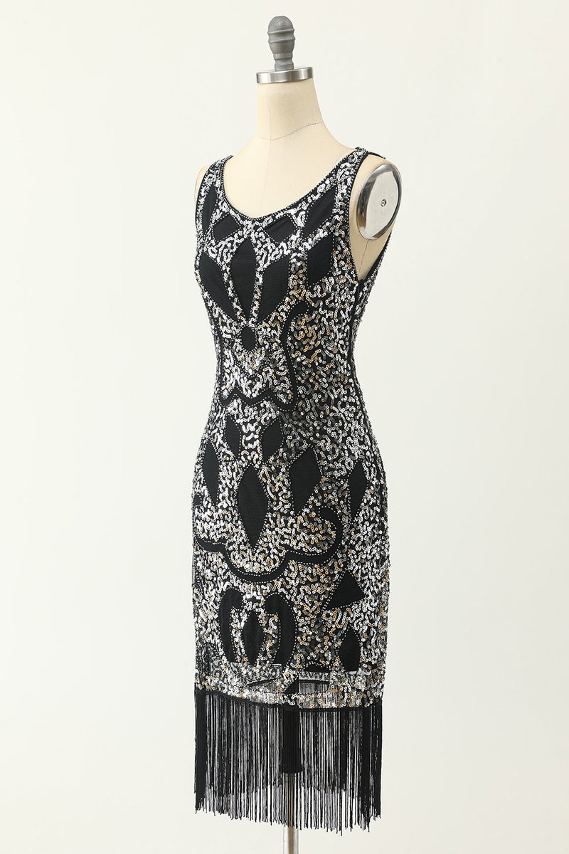 Laden Sie das Bild in den Galerie-Viewer, U-Ausschnitt Schwarz Silber 1920er Jahre Kleid
