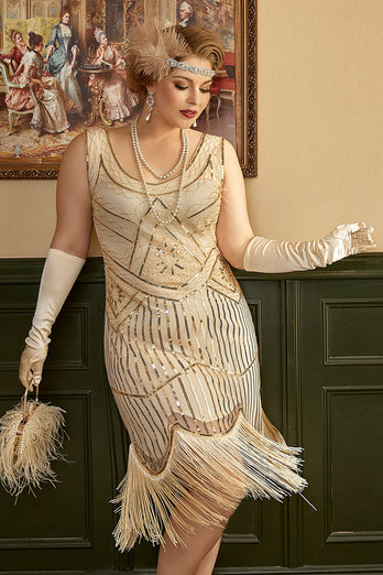 Aprikose Pailletten Fransen Übergröße 1920er Jahre Flapper Kleid