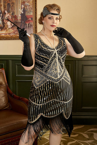 Schwarze Pailletten Fransen Übergröße 1920er Jahre Flapper Kleid
