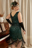 Laden Sie das Bild in den Galerie-Viewer, Dunkelgrünes Übergröße Kleid aus den 1920er Jahren mit Fransen