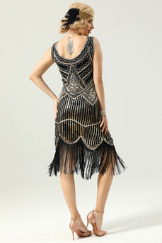 Schwarz Tiefer V-Ausschnitt Flapper 1920er Kleid