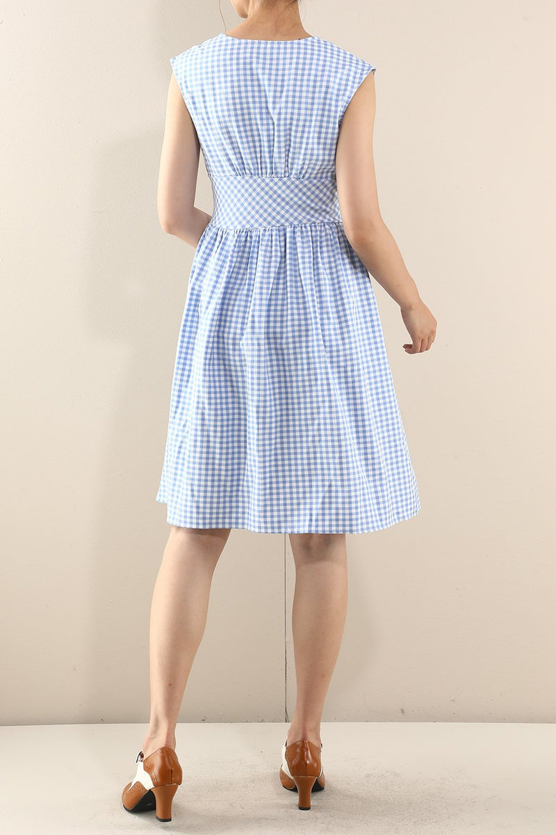 Laden Sie das Bild in den Galerie-Viewer, Blau 1950er Knopf Plaid Swing Kleid