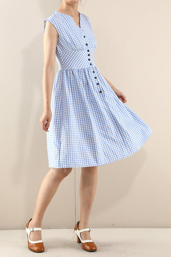 Blau 1950er Knopf Plaid Swing Kleid