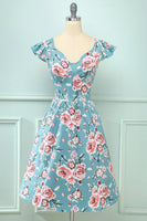 Laden Sie das Bild in den Galerie-Viewer, Blau Rose Floral Vintage Kleid