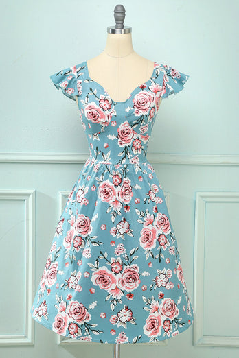 Blau Rose Floral Vintage Kleid