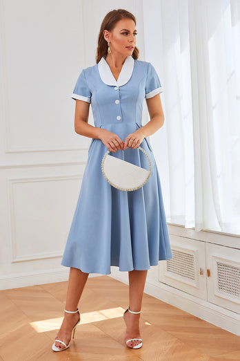 Blaue 1950er Jahre Swing Kleid mit Taschen