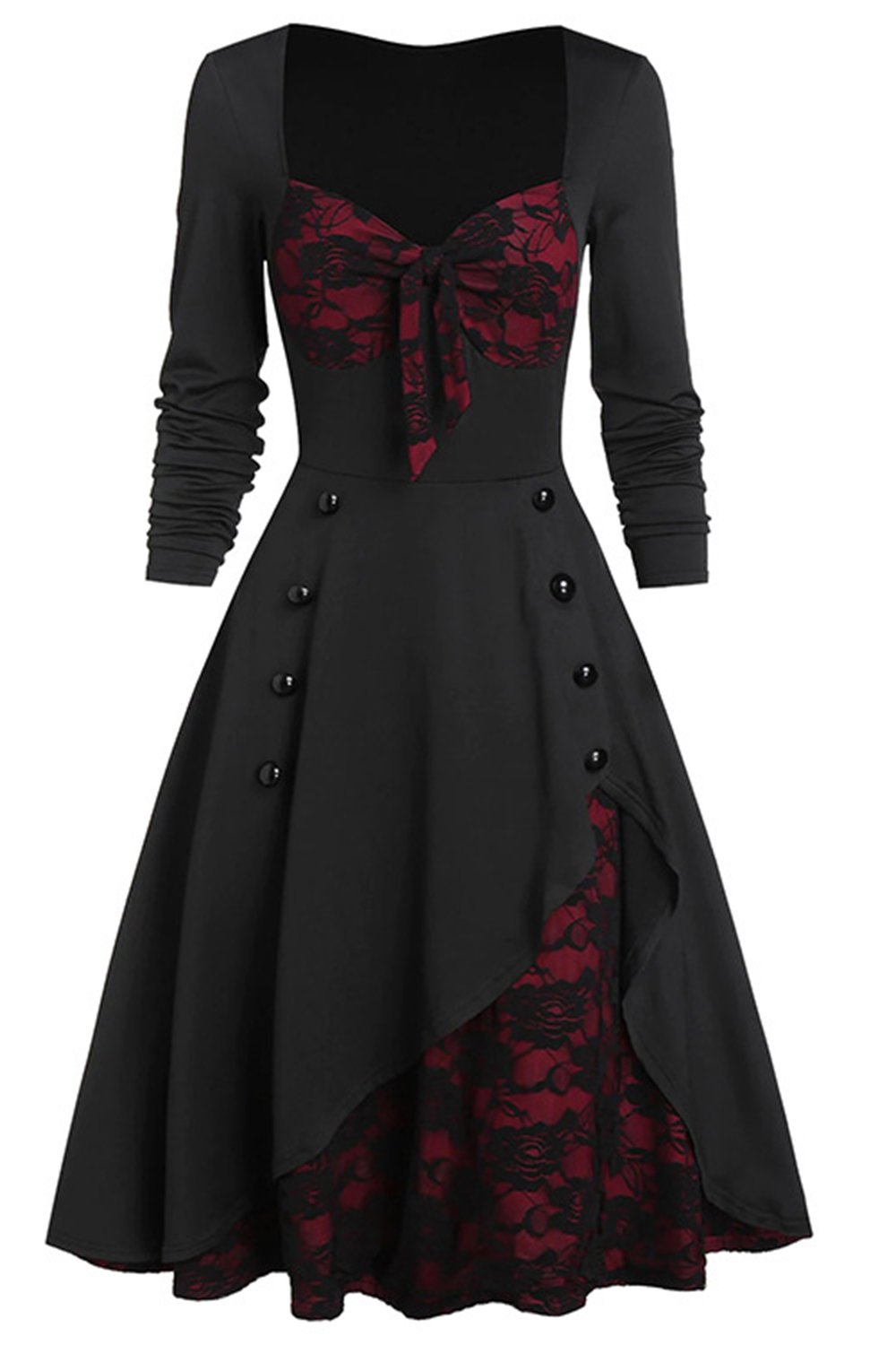 Schwarzes und burgunderrotes Vintage Halloween Kleid