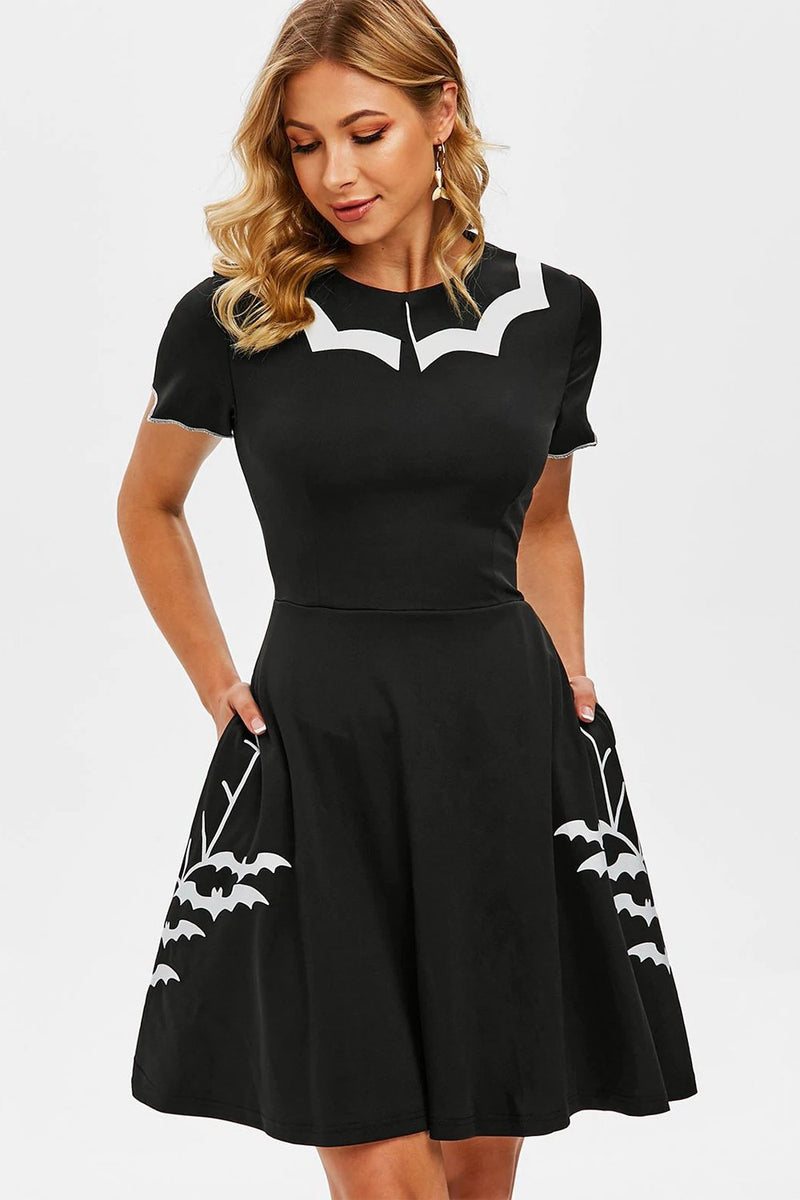 Laden Sie das Bild in den Galerie-Viewer, Schwarzes Fledermaus Print Halloween Kleid