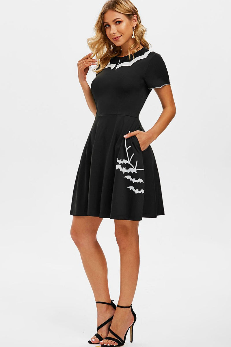 Laden Sie das Bild in den Galerie-Viewer, Schwarzes Fledermaus Print Halloween Kleid