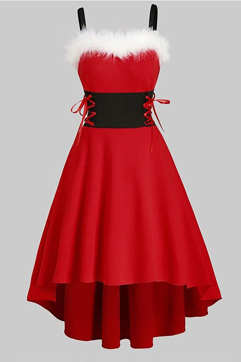 Laden Sie das Bild in den Galerie-Viewer, Rotes Vintage Weihnachtskleid mit Feder