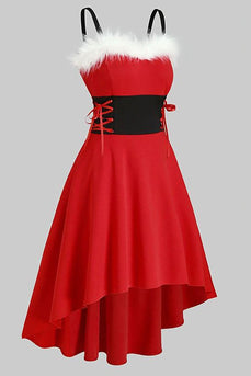 Rotes Vintage Weihnachtskleid mit Feder