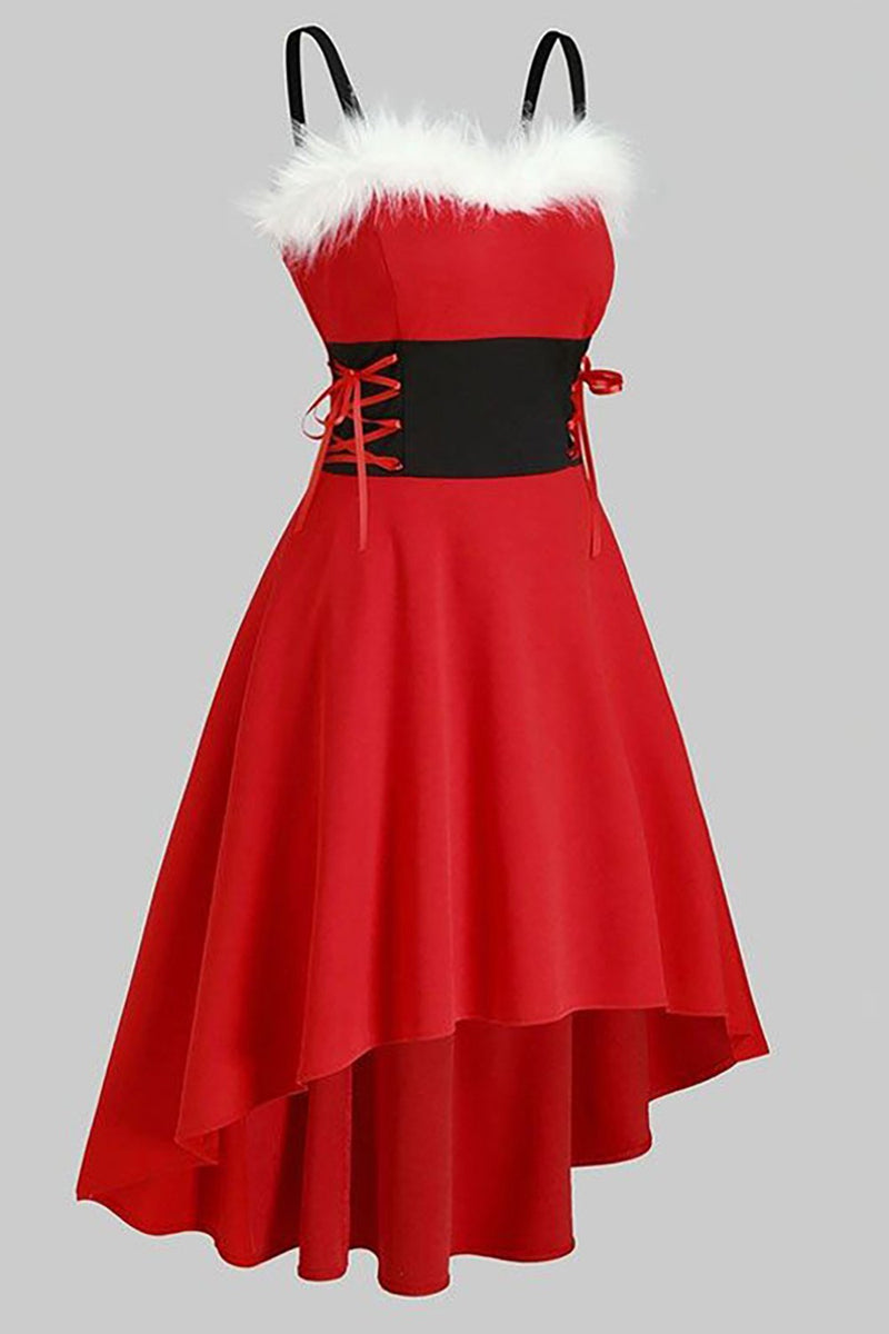 Laden Sie das Bild in den Galerie-Viewer, Rotes Vintage Weihnachtskleid mit Feder