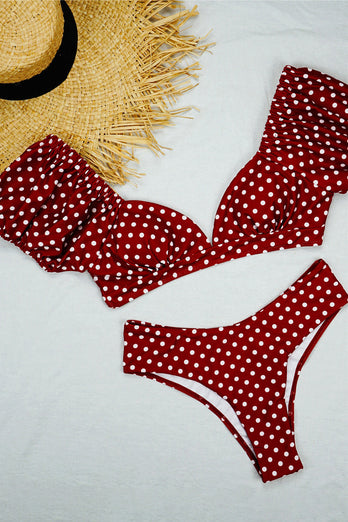 Puffärmel Polka Dot V-Ausschnitt Bikini