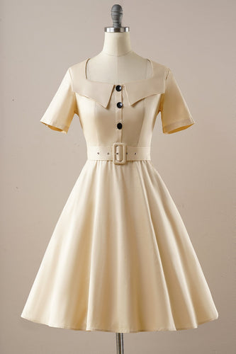 Vintage Aprikosen Eckiger Hals 1950er Jahre Kleid