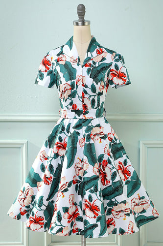Retro V Hals Blatt gedruckt Vintage Kleid