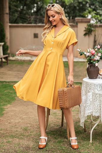 Elegantes gelbe V Hals Vintage Kleid