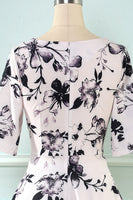 Laden Sie das Bild in den Galerie-Viewer, V Hals halb Ärmel weiß gedruckt Vintage Kleid