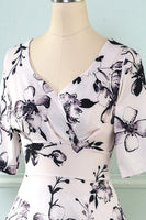Laden Sie das Bild in den Galerie-Viewer, V Hals halb Ärmel weiß gedruckt Vintage Kleid