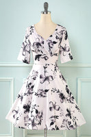 Laden Sie das Bild in den Galerie-Viewer, V Hals halb Ärmel weiß gedruckt Vintage Kleid