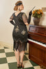 Laden Sie das Bild in den Galerie-Viewer, Schwarz Goldene Pailletten Gatsby Fransen Übergröße 1920er Jahre Kleid