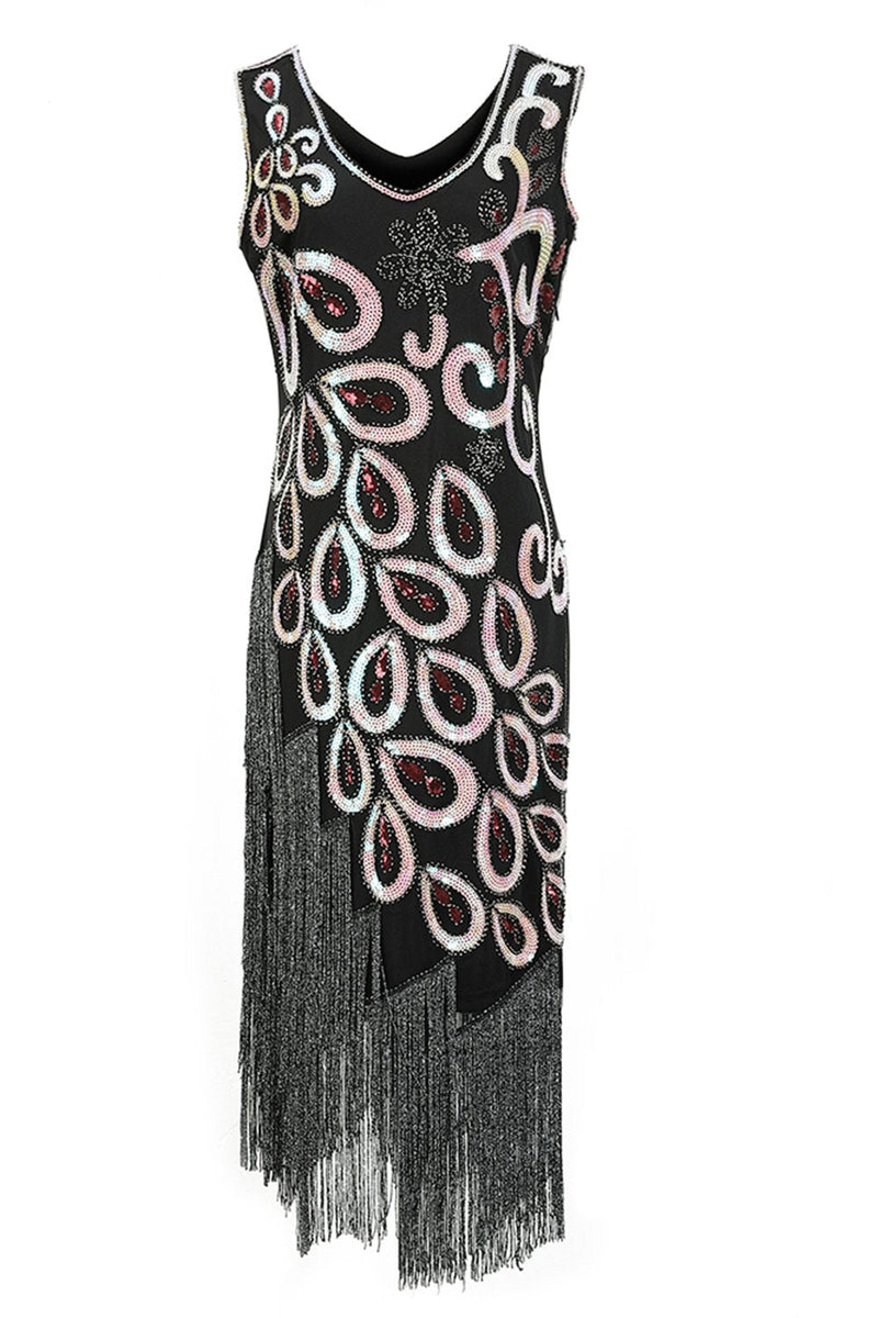 Laden Sie das Bild in den Galerie-Viewer, Burgundy Asymmetrisches V-Ausschnitt 20er Jahre Charleston Kleid