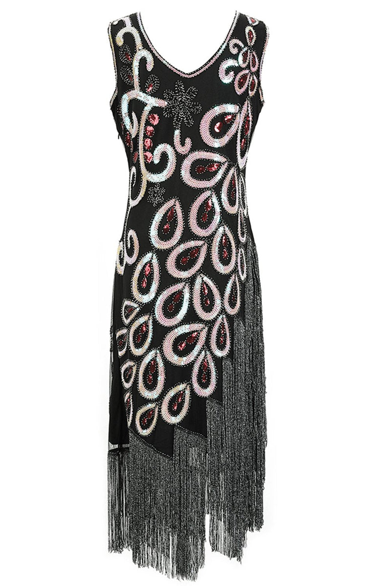 Laden Sie das Bild in den Galerie-Viewer, Burgundy Asymmetrisches V-Ausschnitt 20er Jahre Charleston Kleid