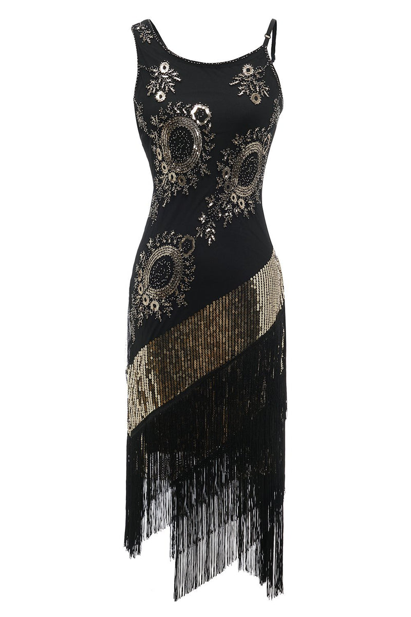 Laden Sie das Bild in den Galerie-Viewer, Schwarzes Fransen Pailletten Gatsby Kleid
