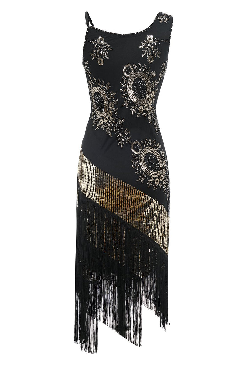 Laden Sie das Bild in den Galerie-Viewer, Schwarzes Fransen Pailletten Gatsby Kleid