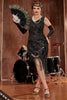 Laden Sie das Bild in den Galerie-Viewer, Schwarzes V-Ausschnitt Fransen Pailletten Gatsby 1920er Jahre Flapper Kleid