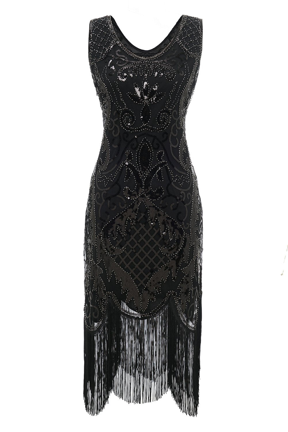 Schwarzes V-Ausschnitt Fransen Pailletten Kleid aus den 1920er Jahren