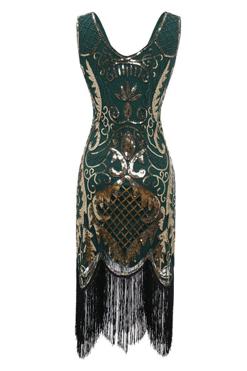 Schwarzes V-Ausschnitt Fransen Pailletten Gatsby 1920er Jahre Flapper Kleid