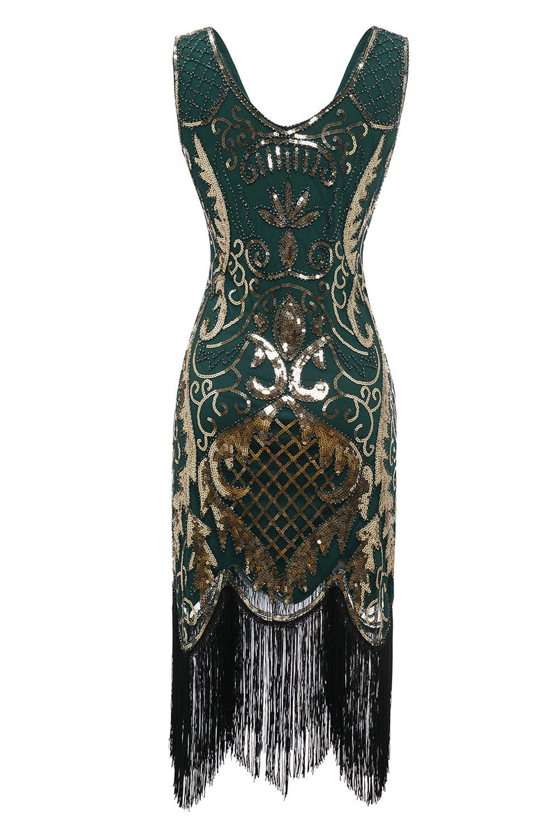 Laden Sie das Bild in den Galerie-Viewer, Schwarzes V-Ausschnitt Fransen Pailletten Gatsby 1920er Jahre Flapper Kleid