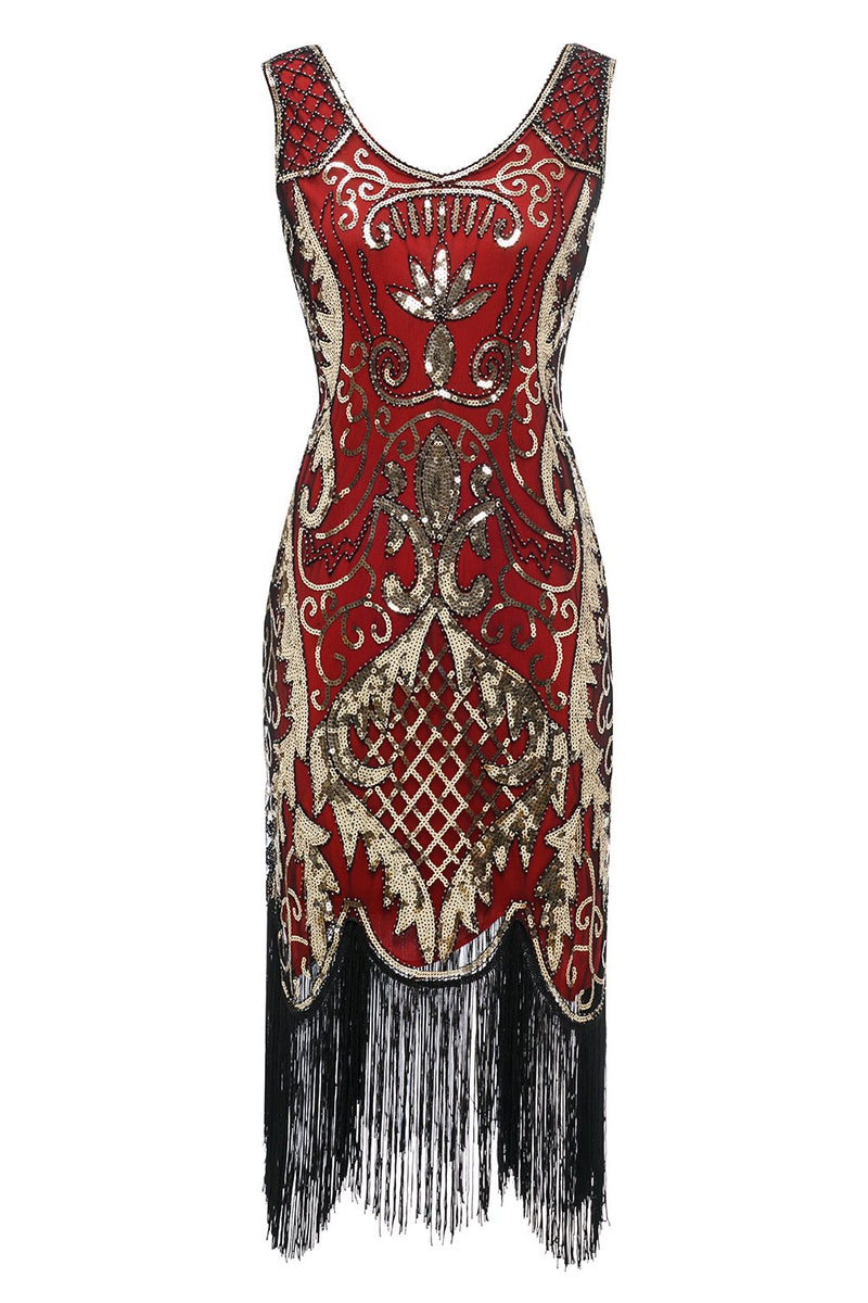Laden Sie das Bild in den Galerie-Viewer, Schwarzes V-Ausschnitt Fransen Pailletten Kleid aus den 1920er Jahren