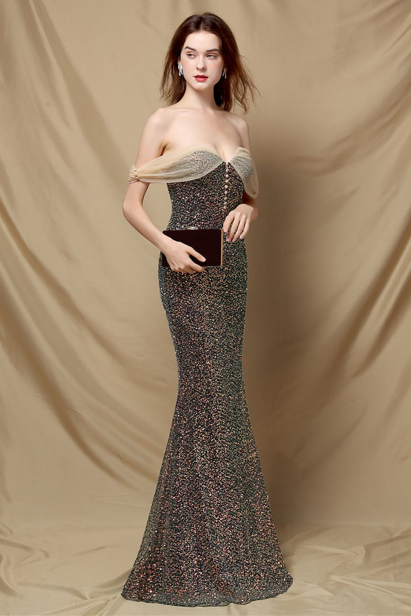 Laden Sie das Bild in den Galerie-Viewer, Schulterfreies Pailletten Meerjungfrau Abendkleid
