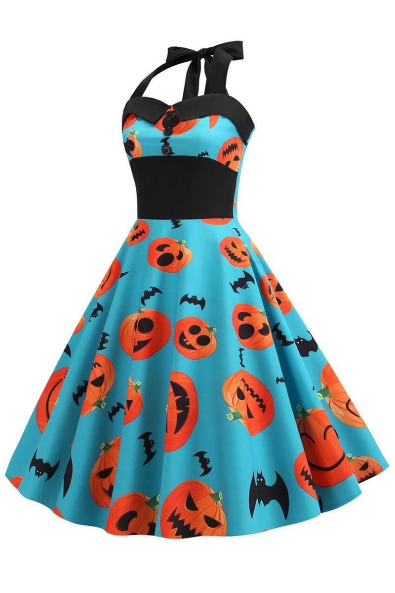 Laden Sie das Bild in den Galerie-Viewer, Orange Halter Halloween Vintage Kleid
