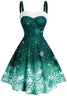 Laden Sie das Bild in den Galerie-Viewer, Grünes Weihnachts-Schneeflocken-Print Vintage Kleid
