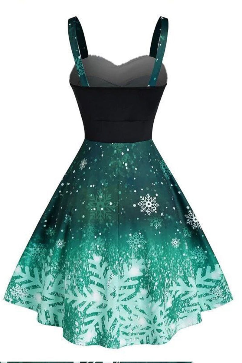 Laden Sie das Bild in den Galerie-Viewer, Grünes Weihnachts-Schneeflocken-Print Vintage Kleid