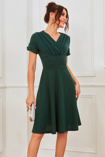 V-Ausschnitt Dunkelgrün plissierte Taille Vintage Kleid