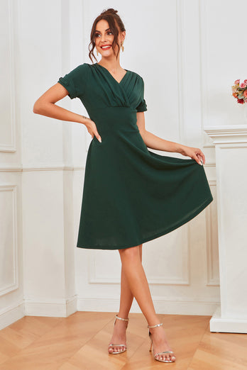 V-Ausschnitt Dunkelgrün plissierte Taille Vintage Kleid
