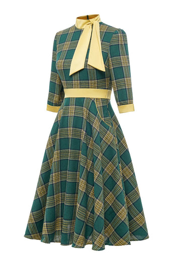 Grün kariertes Vintage Kleid aus den 1950er Jahren mit Bowknot