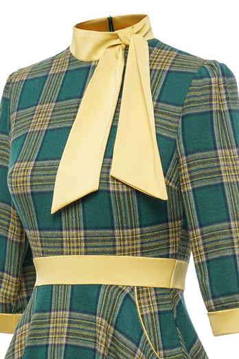 Grün kariertes Vintage Kleid aus den 1950er Jahren mit Bowknot