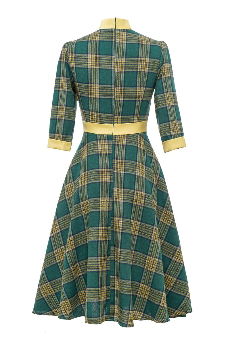 Laden Sie das Bild in den Galerie-Viewer, Grün kariertes Vintage Kleid aus den 1950er Jahren mit Bowknot